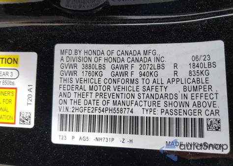 2023 Honda Civic Sport z USA, uszkodzony, nr VIN 2HGFE2F54PH558774